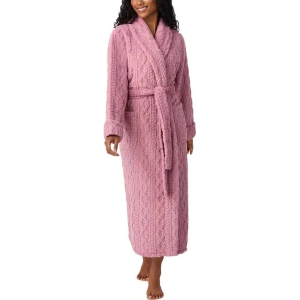 Room Service Women's XL Cozy Wrap Robe Soft Cable Knit Texture Pink jck43